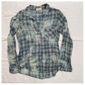 Bella Dahl Pocket Button Down Bleached Plaid Flannel Shirt Blouse | A41